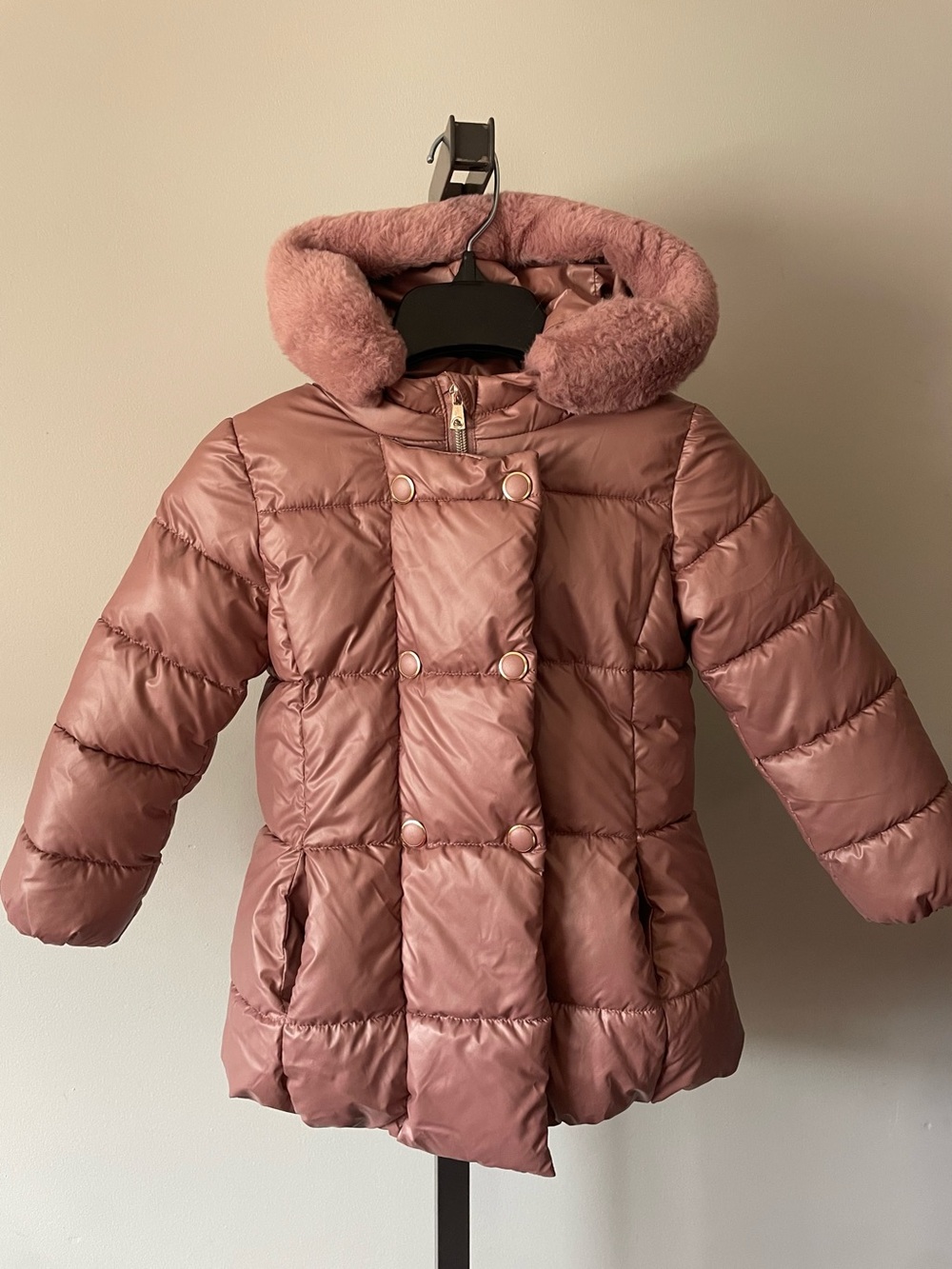 Mayoral Girls Dusty Rose Pink Puffer Coat Faux Fur Hood Plush Lined Jacket 4⁠
